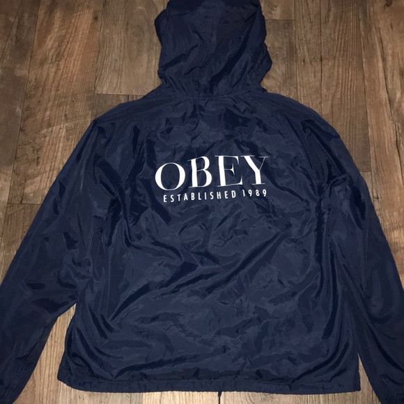 Obey Jackets & Blazers - Obey rain coat jacket hooded navy blue logo back